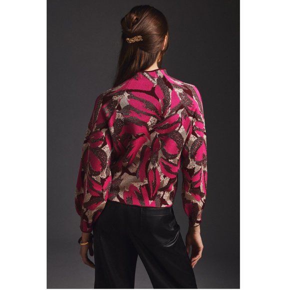 By Anthropologie The Beatriz Mock-Neck Sweater Pink Lurex Combo - XS - Picture 2 of 13